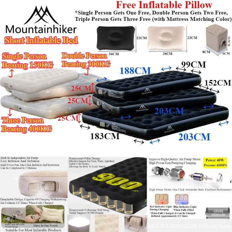 Camping Air Mattress Built In Pump - Colchão Inflável para Camping MOUNTAINHIKER, Colchão